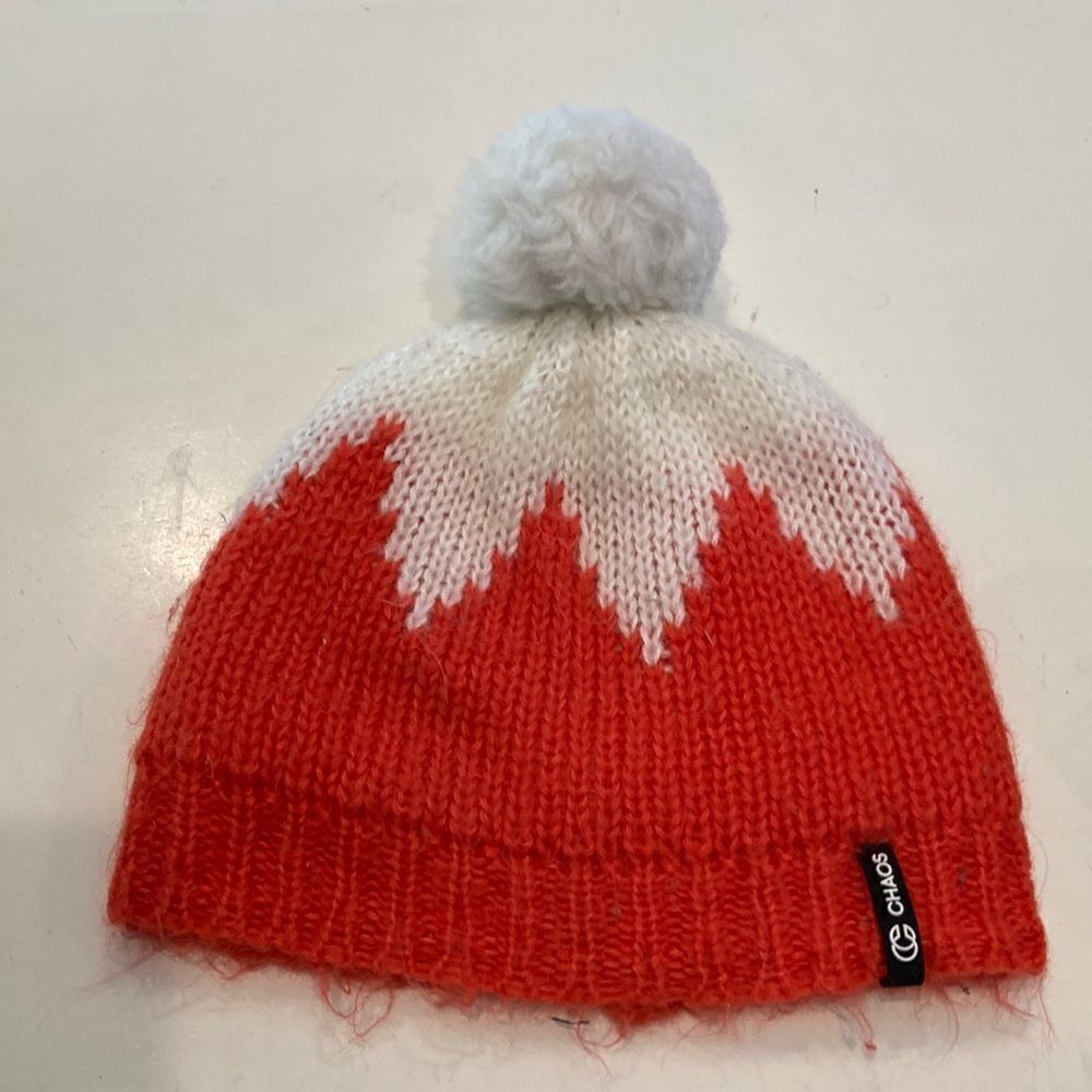 Chaos and white fleece lined beanie with pom